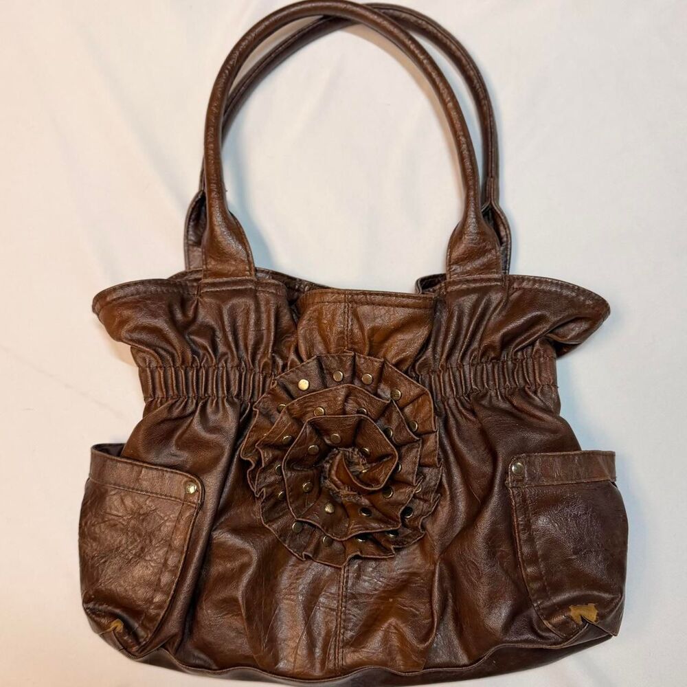 Vintage Y2K Brown ruffled 3D Flower Slouchy Shoulder Bag